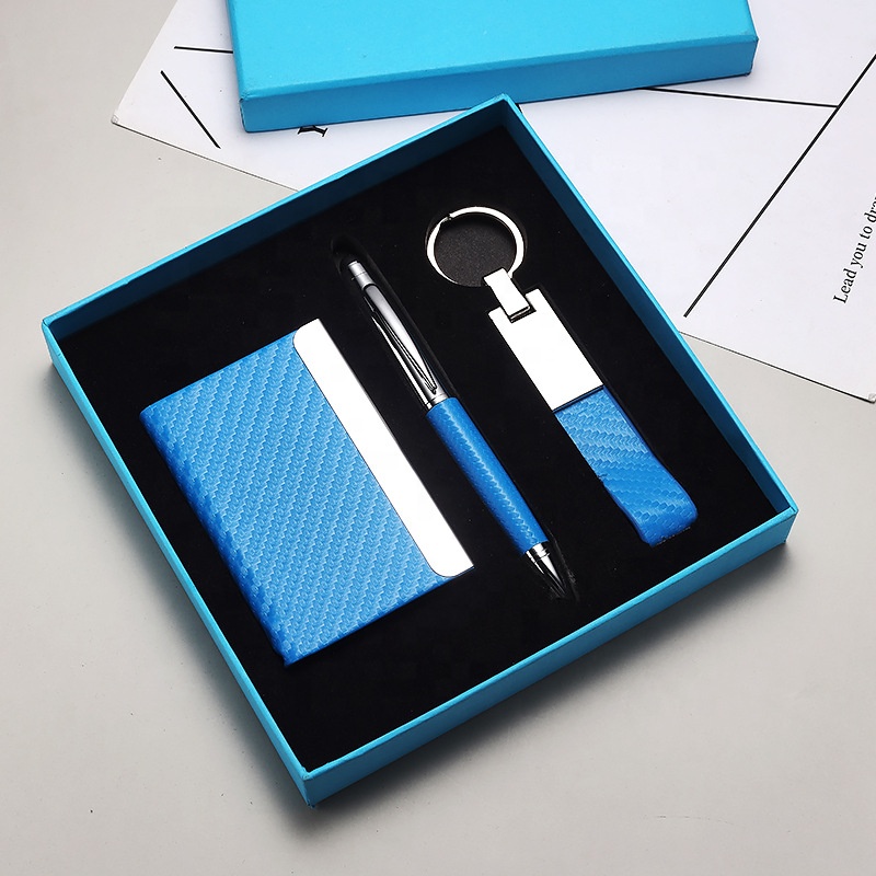 Custom logo corporate Luxury promotional card holder keychain with office Ball Pen business gift set