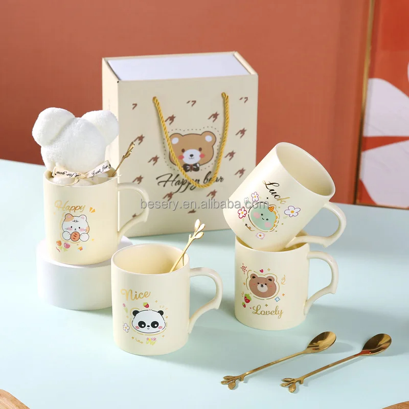 Cartoon Cups Towels Bears Customizable Logo Ceramic Mug With Lid Spoon Gift Sets