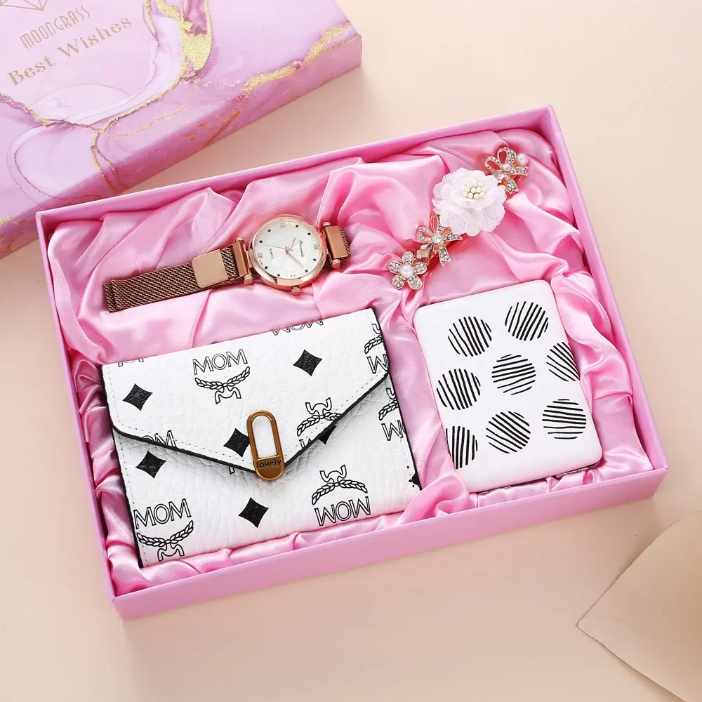 Ladies Watch Gift Set Makeup Mirror Pink Hair Clip Wallet Quartz Birthday And Wedding Gift Set