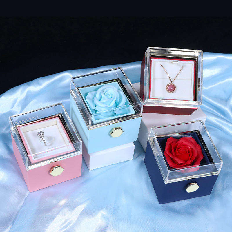 Acrylic Rotatable Preserved Roses Jewelry Necklace Ring Box Wedding Gifts For Guests Mothers Day