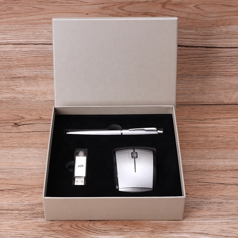 Promotional office Custom logo wireless mouse pen 16GB USB flash drive luxury business gift set