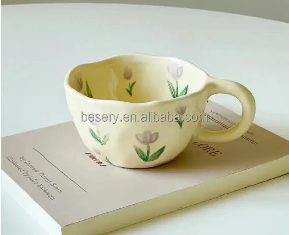 Ceramic Mugs Coffee Cups Hand Pinched Irregular Flower Milk Tea Cup Ins Style Oatmeal Breakfast Mug