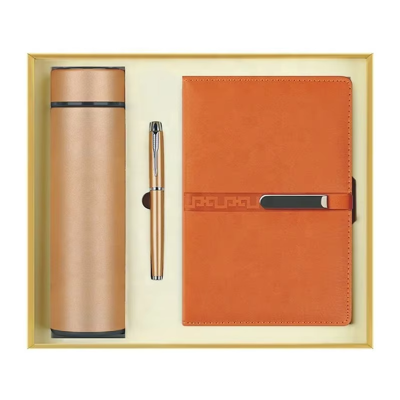 Wholesale customized logo luxury  gift box three-piece leather notebook set with Led thermos pen