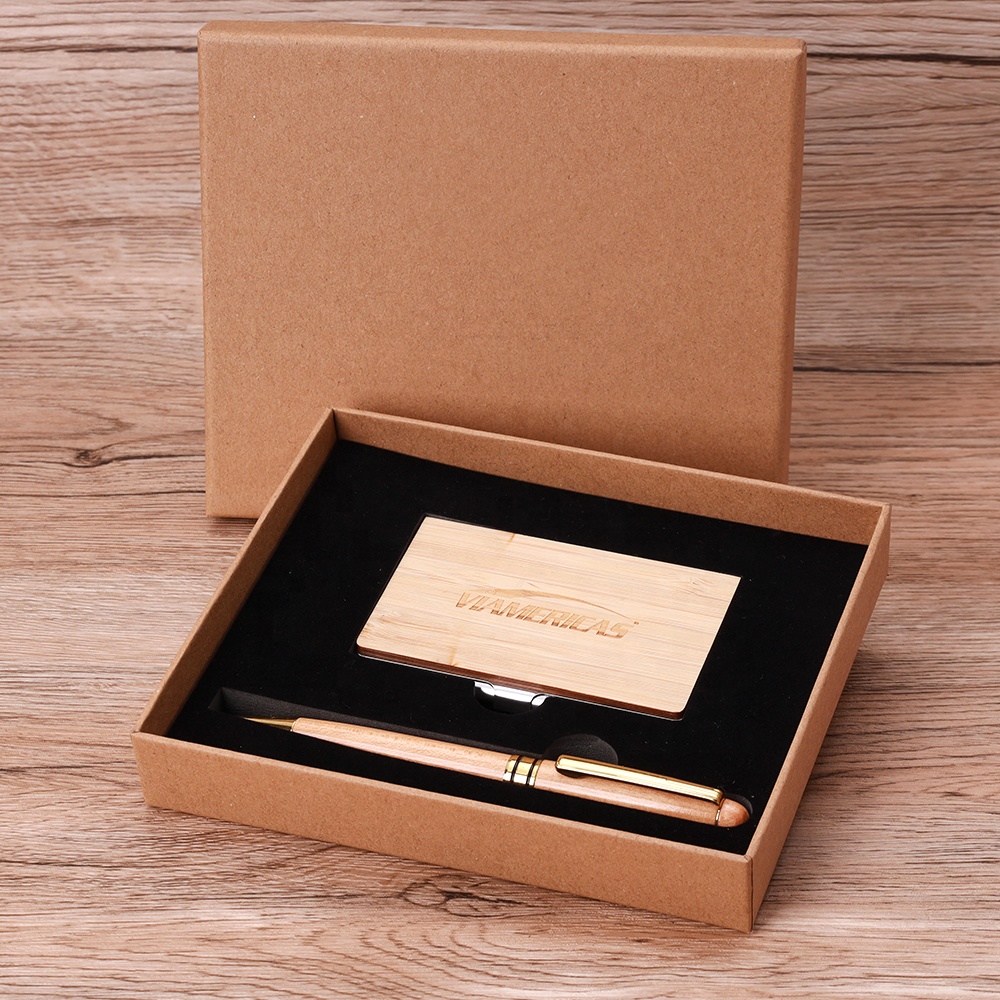 Promotional Luxury Business Gifts woodiness card holder Pen Sets Custom Logo Corporate Gift Set