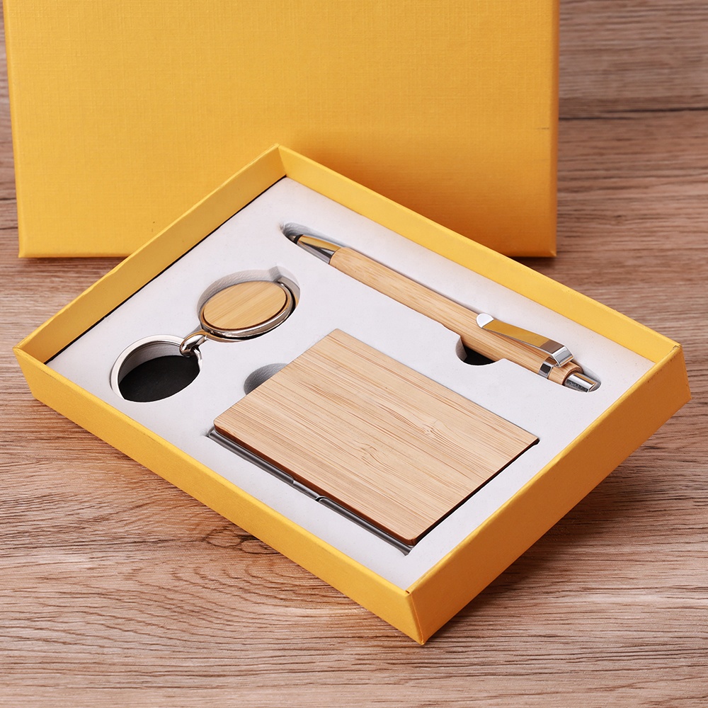 Promotional Business Gift set Luxury woodiness pen Keychain Card holder custom printing office gifts