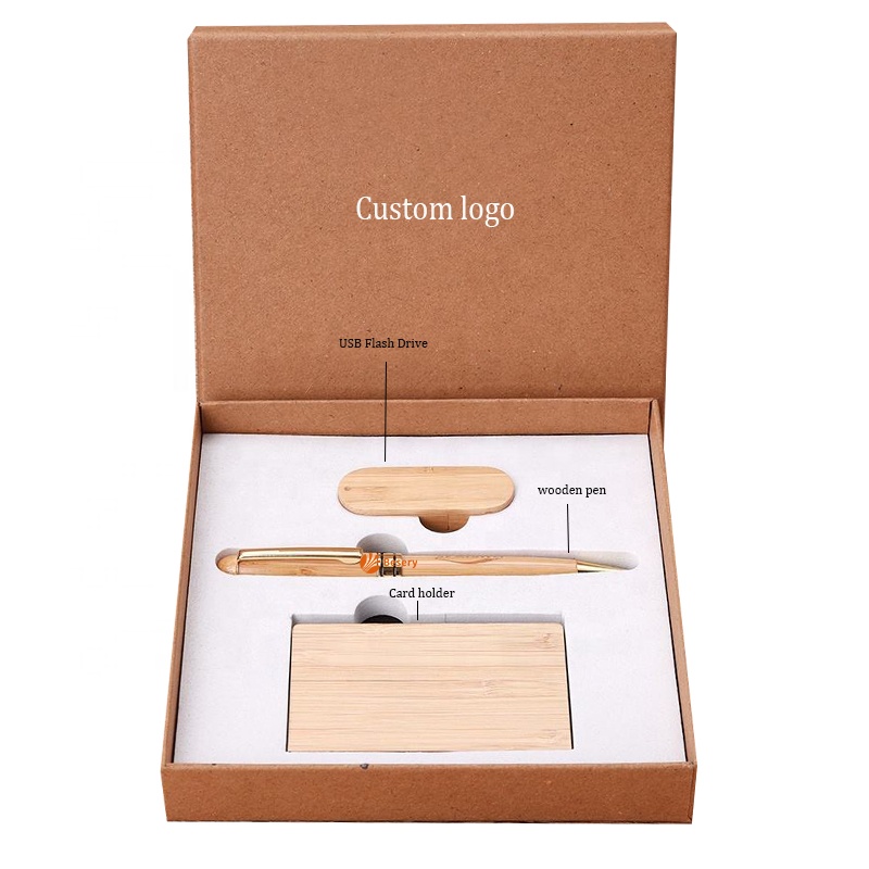 Corporate Souvenir Promotional wooden card holder pen USB Flash combo Set Business Gift for men